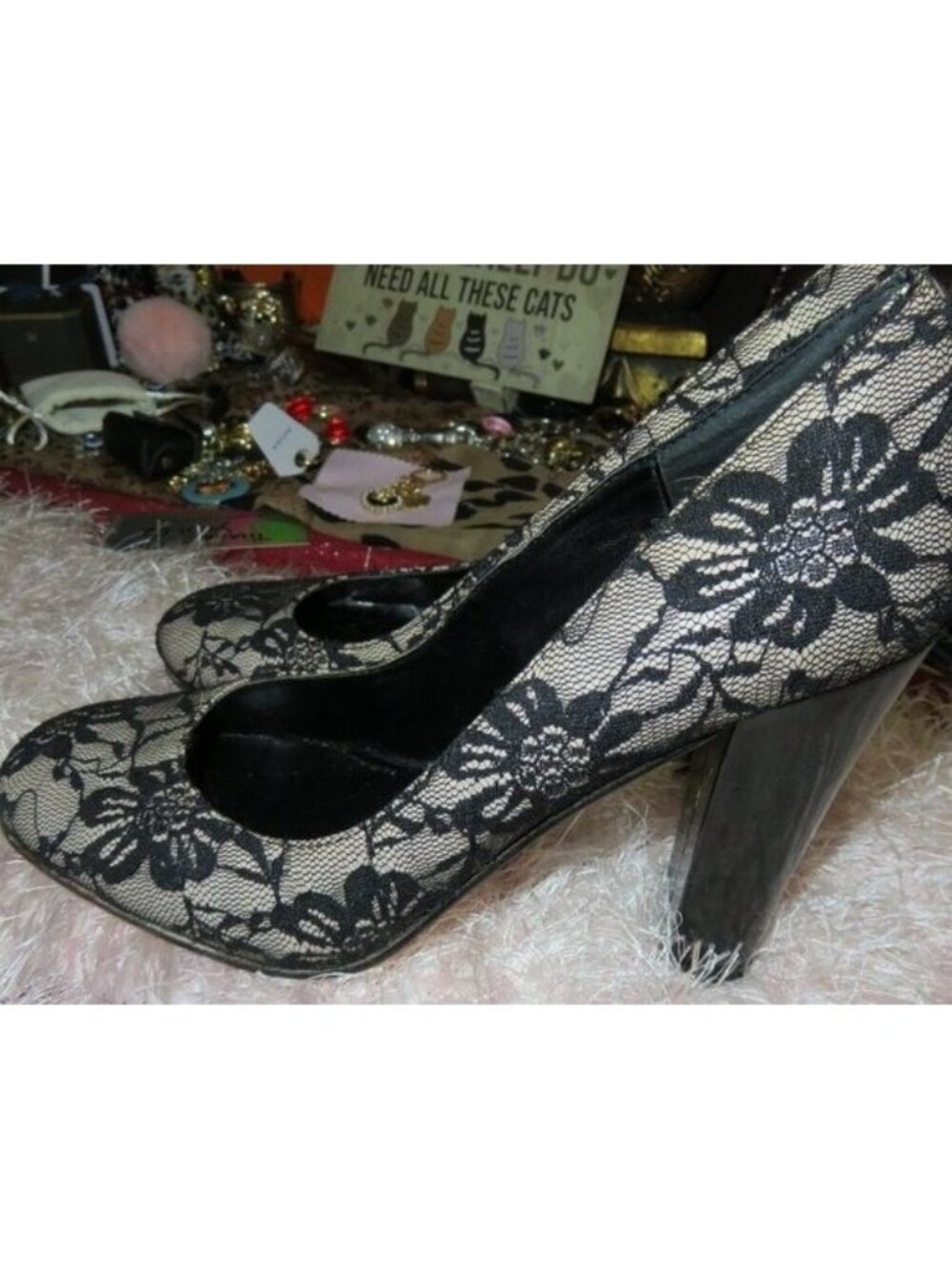 Steve Madden Myra Hawke Black Lace Overlay Nude Leather pumps heels